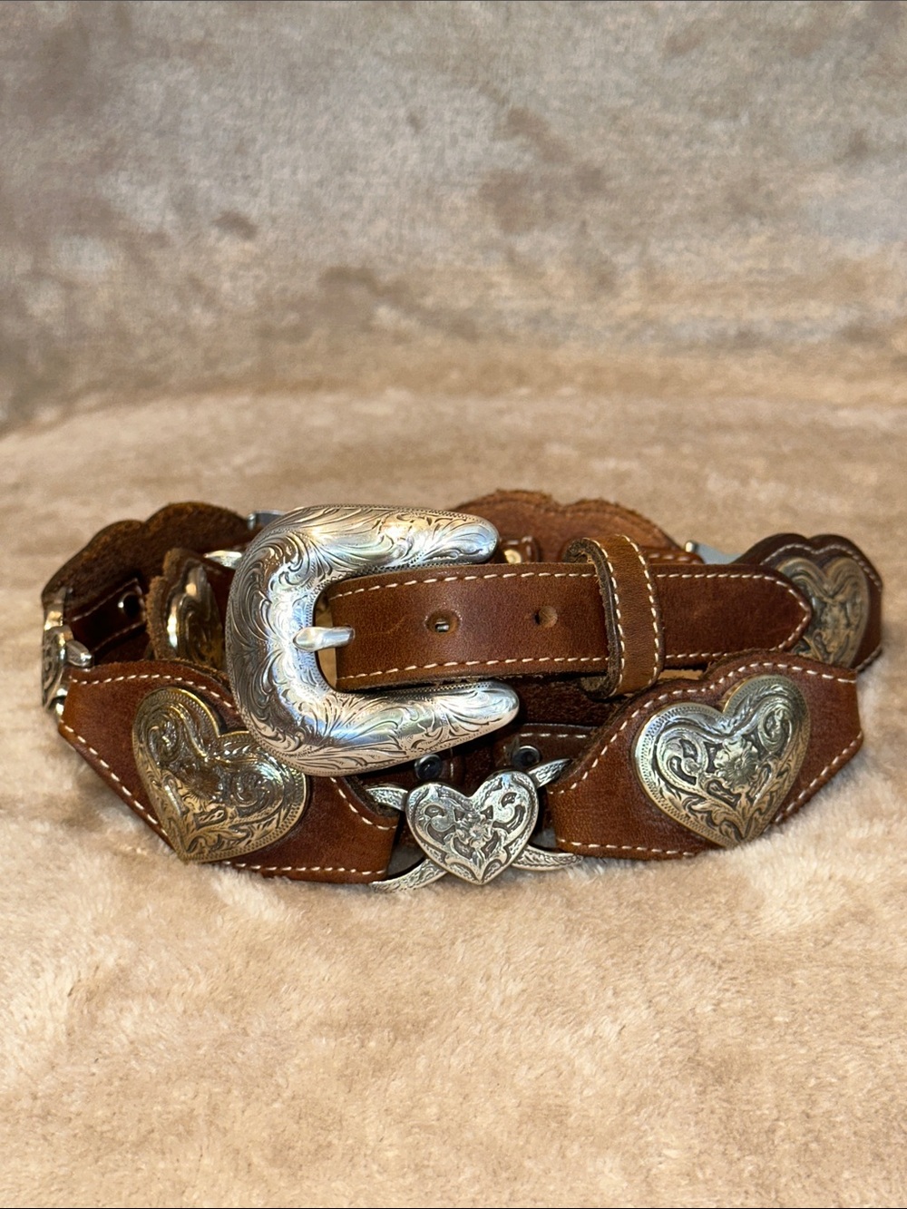 Tony Lama Brown Leather Silver Heart Concho Belt with Silver Buckle Size 36
